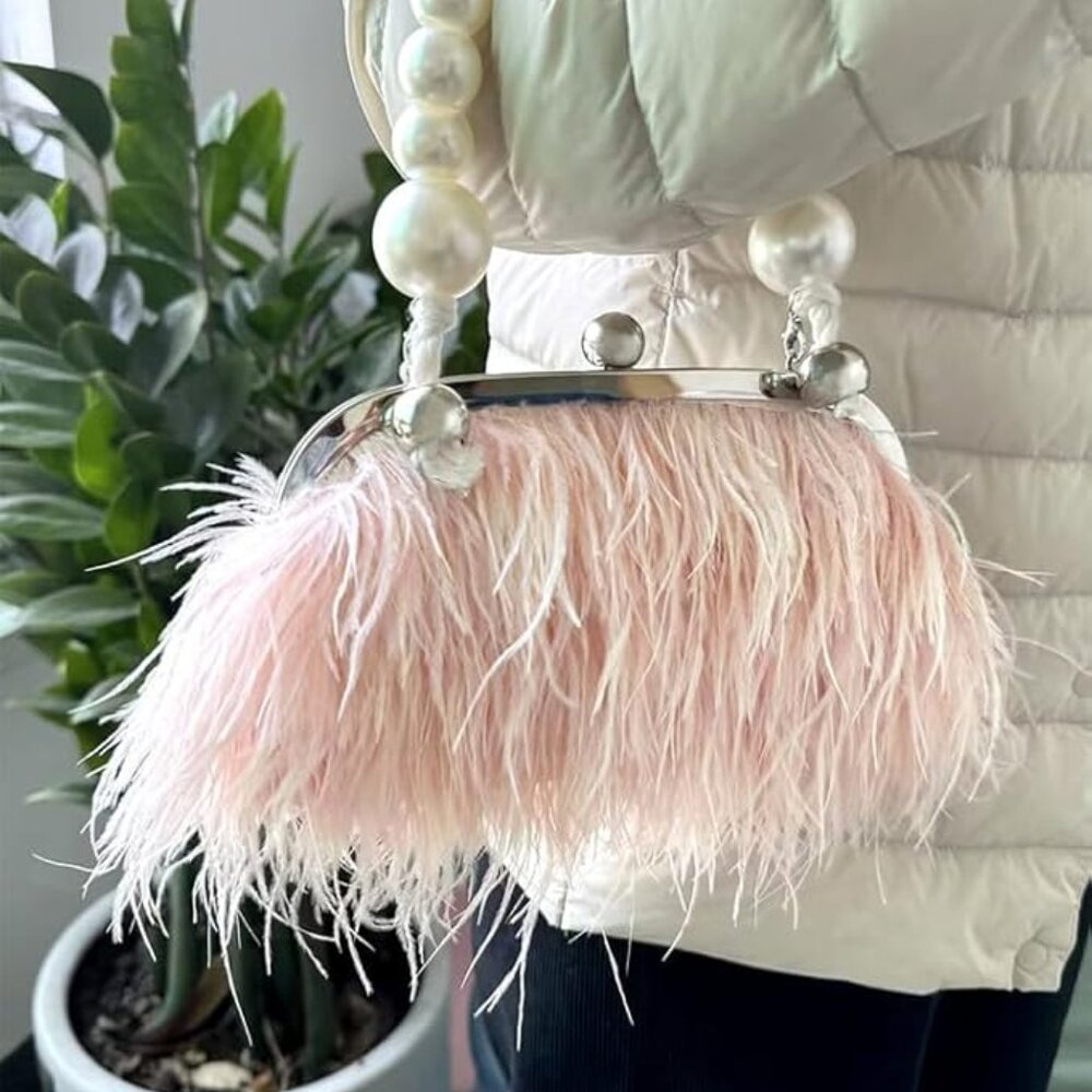 Neiman Marcus Pink Real Natural Ostrich Feather Evening Clutch